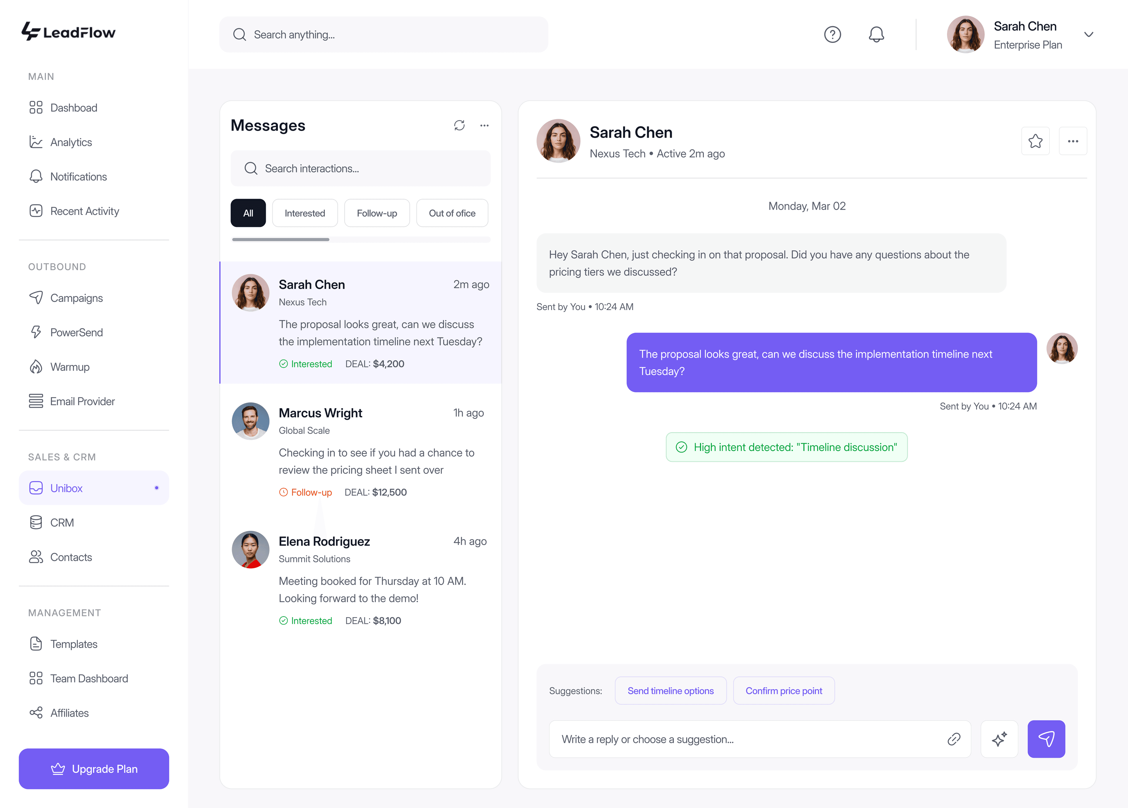 LeadFlow Unified Inbox — manage all replies in one place